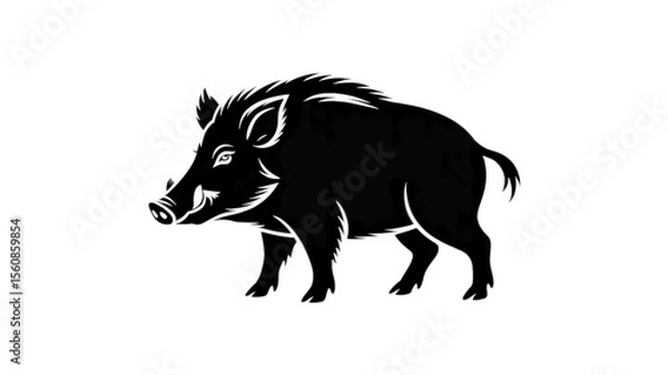 Fototapeta A black and white silhouette illustration of a wild boar in profile view facing left. The boar has a distinctive snout, pointed ears, and a small tufted tail.