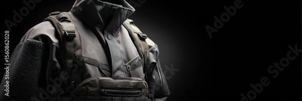 Fototapeta Folded tactical jacket with chest-rig overlay, dual-tone fabric, neoprene, and ballistic nylon illuminated - fashion banner