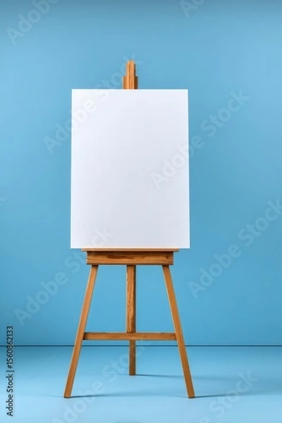 Fototapeta A wooden easel supports a blank white canvas against a light blue background