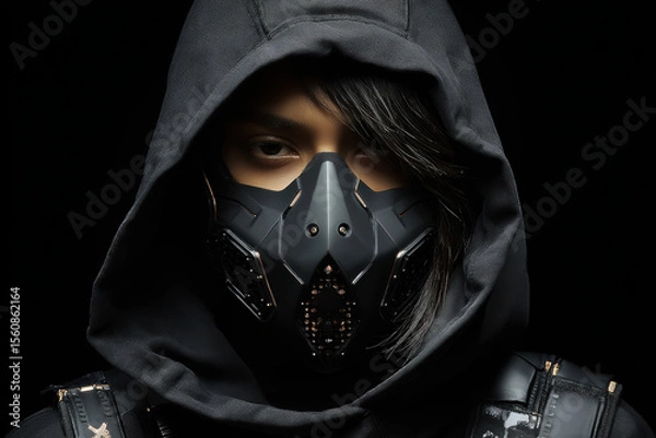 Fototapeta black background, cyber model with a mask, deep black 
