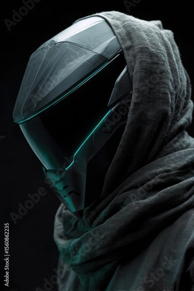 Fototapeta Cinematic side portrait of techwear helmet and scarf combo, sharp angles and deep shadows across face