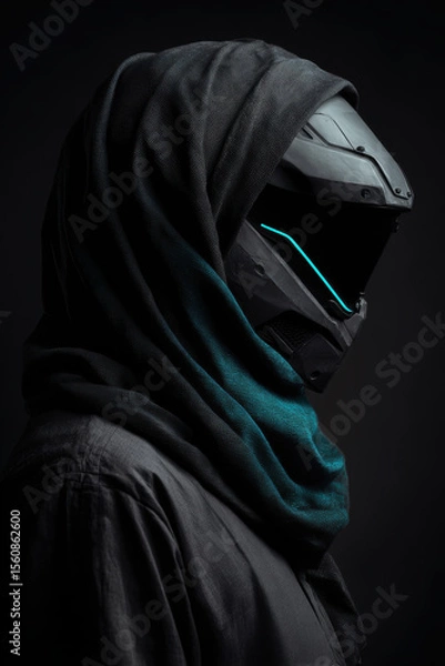 Fototapeta Cinematic side portrait of techwear helmet and scarf combo, sharp angles and deep shadows across face,