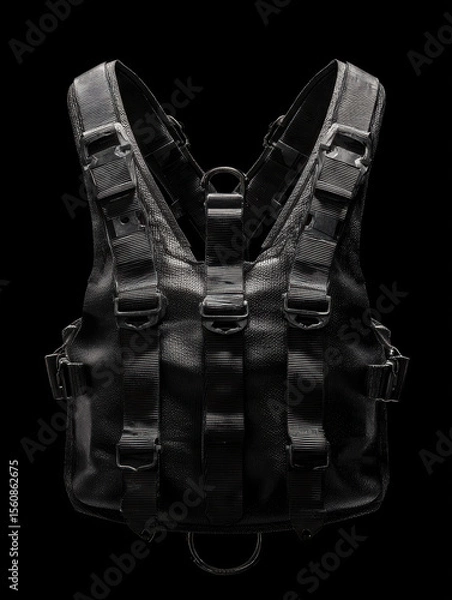 Fototapeta Floating chest rig alone in black void, straps symmetrical, buckles 