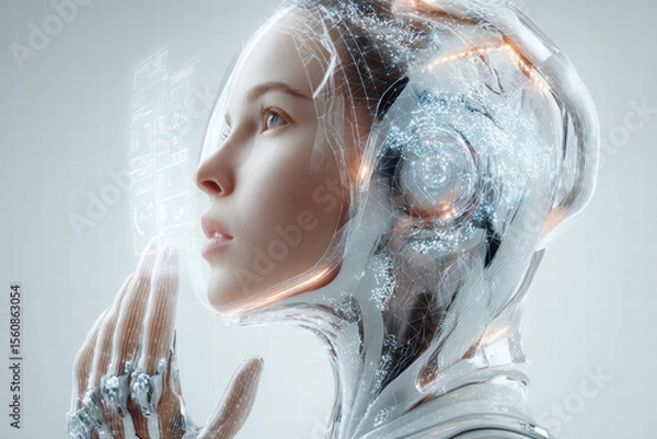 Fototapeta futuristic technology utopia, female interacting with holographic interface, clean white background, high-tech wearable devices,