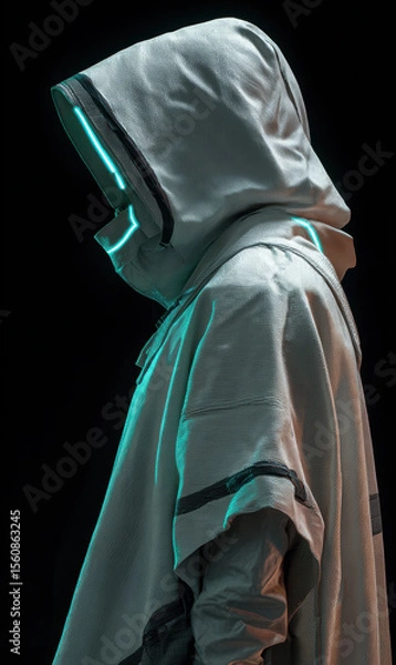 Fototapeta Side profile view of faceless model in modular white-gray techwear outfit, cape partially flowing,