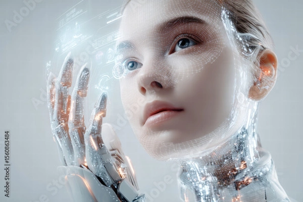 Fototapeta futuristic technology utopia, young adult interacting with holographic interface, clean white background