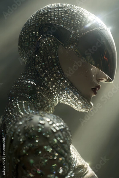 Fototapeta Dramatic profile portrait of mannequin with ventilated helmet and sculpted shoulder pads, 