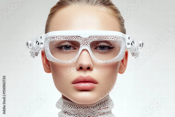 Fototapeta a person that interacts manually with its eyewear when this last one is worn. white background. eyewear is stylish but not necessarily futuristic