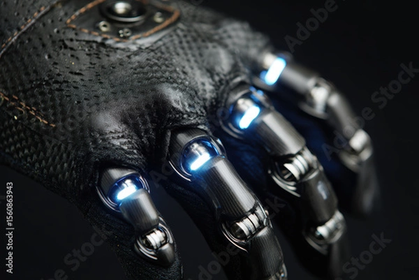 Fototapeta Close-up robotic hand wearing black techwear glove with carbon fiber plating and LED finger rings glowing faintly blinding hard light from the left. 
