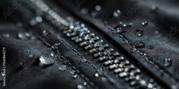 Fototapeta Extreme close-up of a reflective zipper on black techwear jacket, macro-level detail of texture