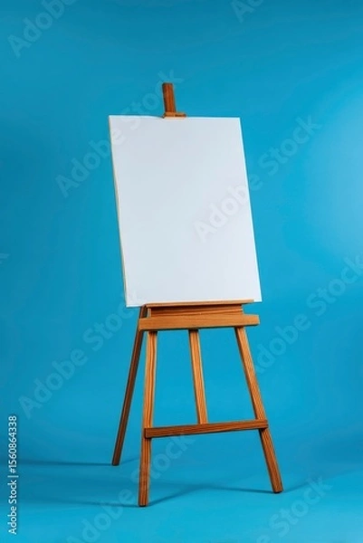 Fototapeta Wooden easel with a blank white canvas against a blue background