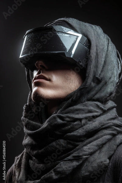 Fototapeta Head-and-shoulders portrait of techwear model in black visor helmet, light glowing from beneath, neck layered in tactical scarf futuristic helmet reflections