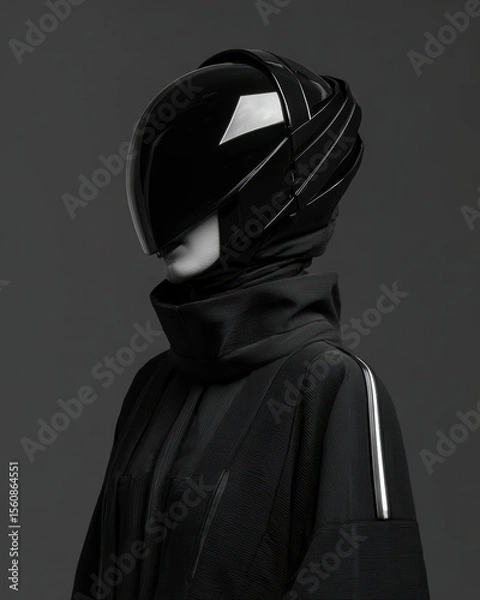 Fototapeta Faceless portrait of a model in sleek stealth techwear helmet with a raised collar cloak, silver stripe reflections on shoulder pads lit from both left and right to form harsh shadow 