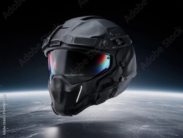 Fototapeta Floating matte-black tactical helmet with angular visor, chrome buckles, and embedded LED seams, 