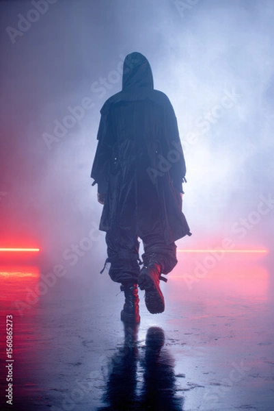 Fototapeta Back view of a faceless model walking into fog in techwear duster coat, wide tactical pants, 