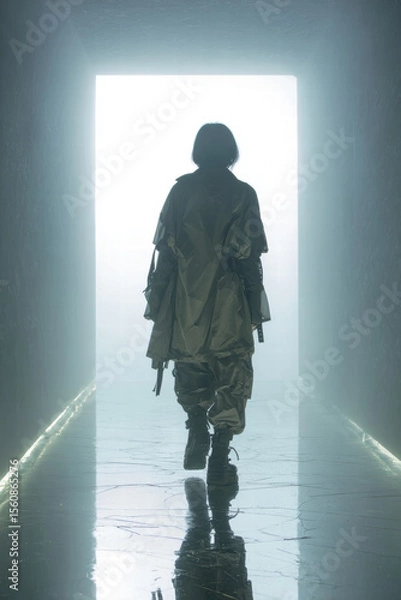 Fototapeta Back view of a faceless model walking into fog in techwear duster coat, wide tactical pants, combat boots top-down lighting, reflective wet floor, 