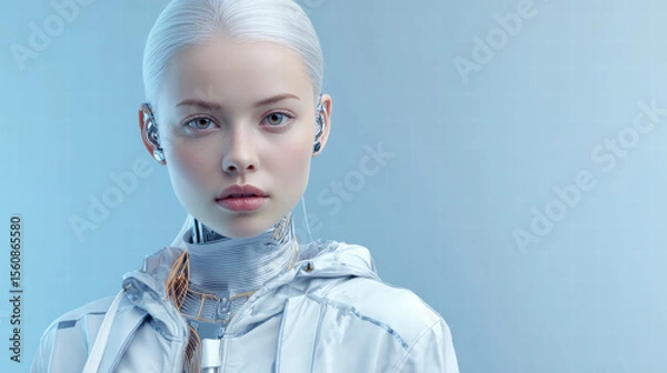 Fototapeta A cinematic, futuristic, surrealist portrait of a stylish female AI cyborg, captured chest-up, facing the camera directly with a confident, welcoming expression.