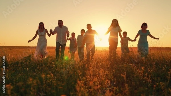 Obraz Family of children running on summer field, teamwork. Happy family running on grass in park holding hands. Parents children having fun on field at sunset. Dad, mom, son and daughter together in nature
