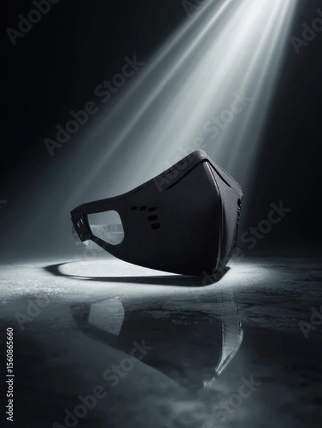 Fototapeta Floating black techwear face mask with laser-cut vents, hyperreal shadow drop below, sharp mirror floor reflection