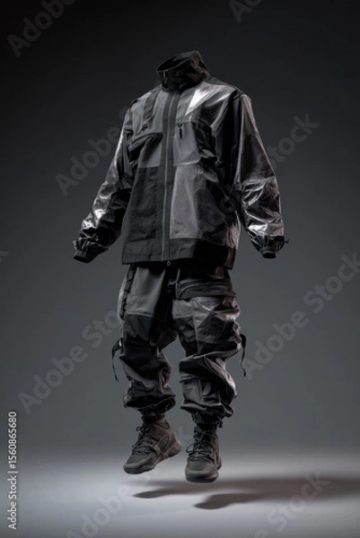 Fototapeta Floating folded techwear jacket and matching tactical pants set, color: dark chrome gray with glossy side panels isolated on gradient black to steel backdrop