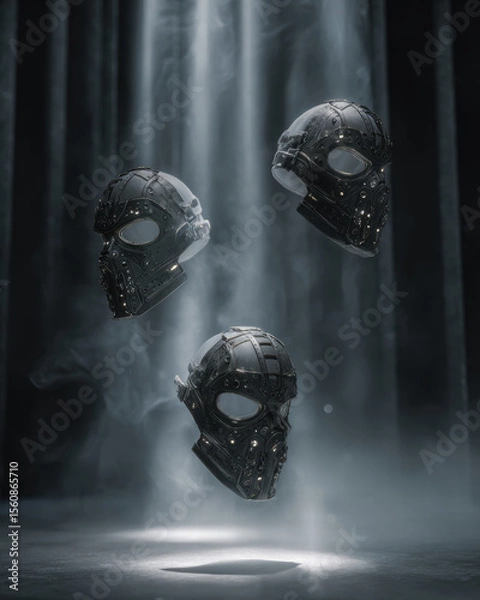 Fototapeta Three modular tactical masks lined up floating in a vertical column, each lit from a different angle 