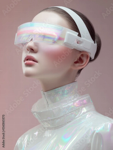 Fototapeta A girl, dressed in white laser-reflective fabric clothing, wearing holographic interface network glasses with a headband strap, with her head slightly tilted upwards, 
