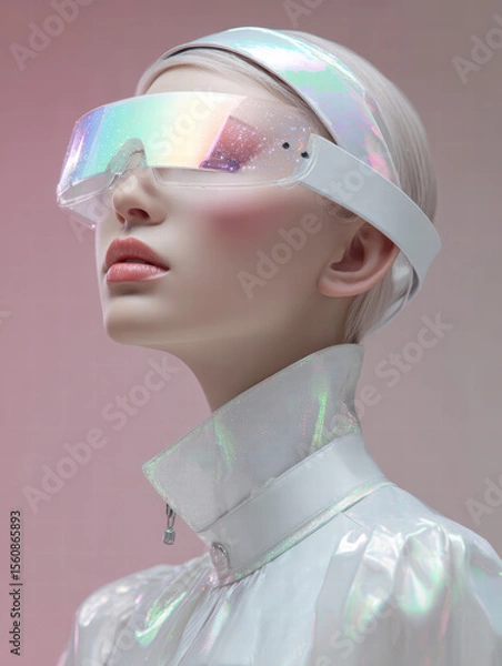 Fototapeta A girl, dressed in white laser-reflective fabric clothing, wearing holographic interface network glasses with a headband strap, with her head slightly tilted upwards
