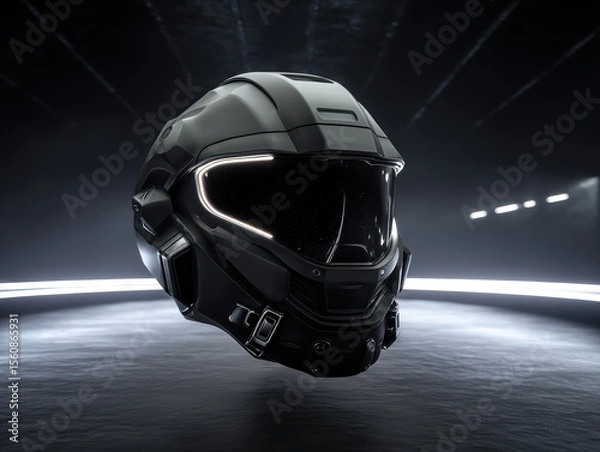 Fototapeta Floating matte-black tactical helmet with angular visor, chrome buckles, and embedded LED seams, suspended above a reflective black floor.