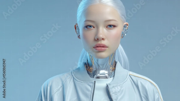 Fototapeta A cinematic, futuristic portrait of a stylish female AI cyborg, captured chest-up, facing the camera directly with a confident, welcoming expression.