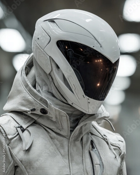 Fototapeta White ceramic-tech chest plate integrated into matte gray trench, displayed on static mannequin with half face visible, brutal spot reflections across chest