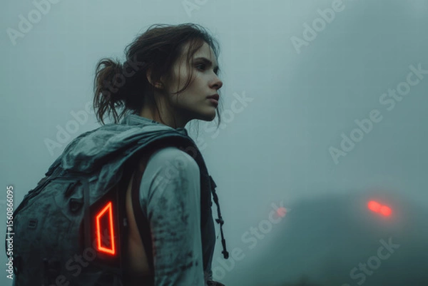 Fototapeta Urban explorer techwear jacket with thermal lining and solar-powered battery pack, shown outdoors in a foggy city environment with backlit mist effects