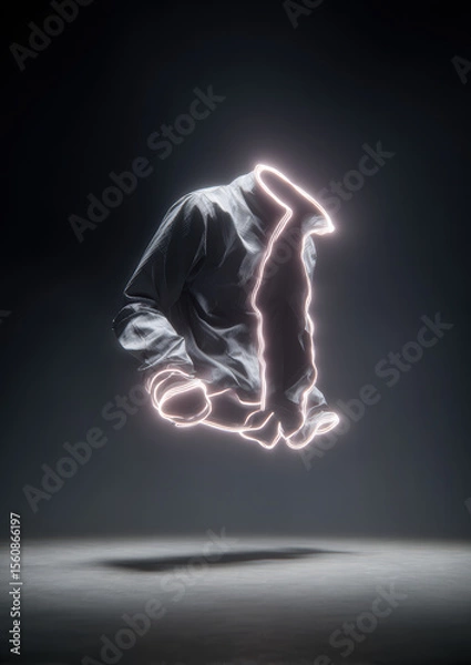 Fototapeta Abstract sculptural techwear collar floating midair, inner neon threads visible, twisting slightly as if in slow motion, backlit with fog halo, isolated fashion product mood 
