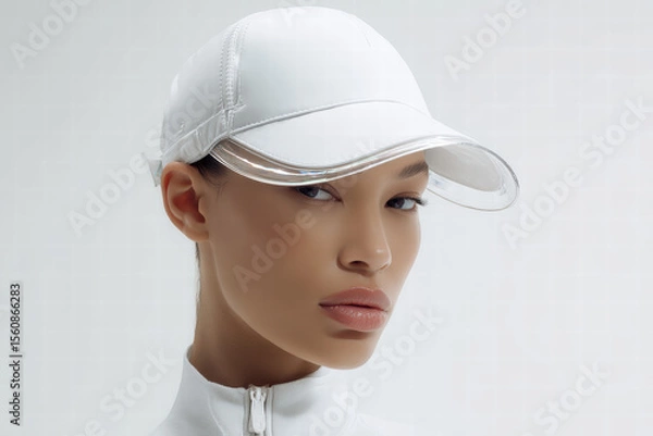Fototapeta sleek futuristic cap in pearly white technical material, sharp curved visor with translucent edges, minimal seams, subtle iridescent reflections across the surface, digital haute couture style, 