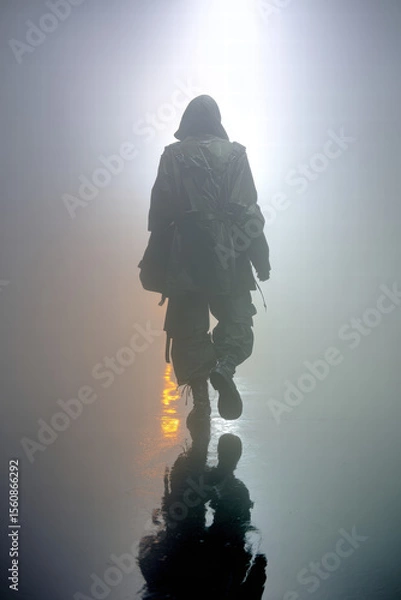 Fototapeta Back view of a faceless model walking into fog in techwear duster coat, wide tactical pants, 