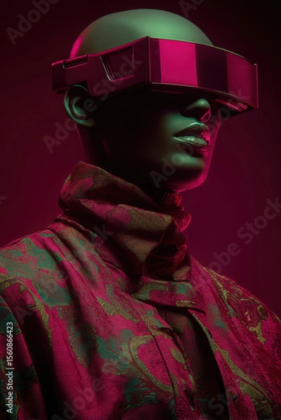 Fototapeta black abstract onyx mannequin face with neon magenta cyberpunk visor shades and a popped collar cyber inspired 