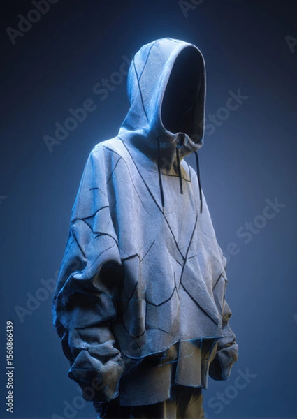 Fototapeta Standing mannequin wearing oversized techwear hoodie with abstract fold geometry, subtle silver threading