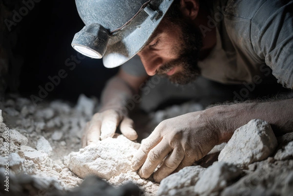 Obraz miner working diligently in minimalist mine interior surrounded by clean lines and ultrabright lighting