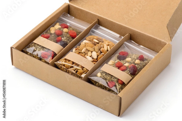 Obraz Box of multiple transparent sachets of granola, each sealed and labeled. Sachets filled with crunchy mix of oats, nuts, and fruit. Arranged neatly inside a brown cardboard box on a clean surface. Flat