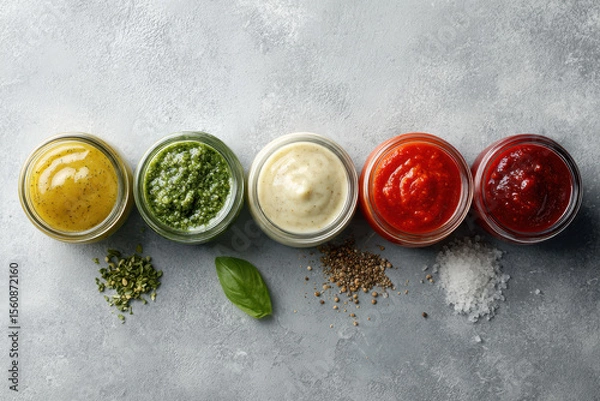 Fototapeta variety of homemade sauces arranged neatly on clean background