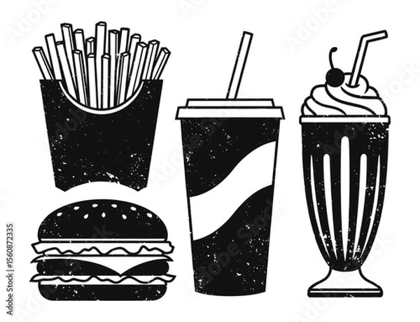 Fototapeta Fast Food set: cheeseburger, fries, milkshake and a soda, retro grunge texture style collection