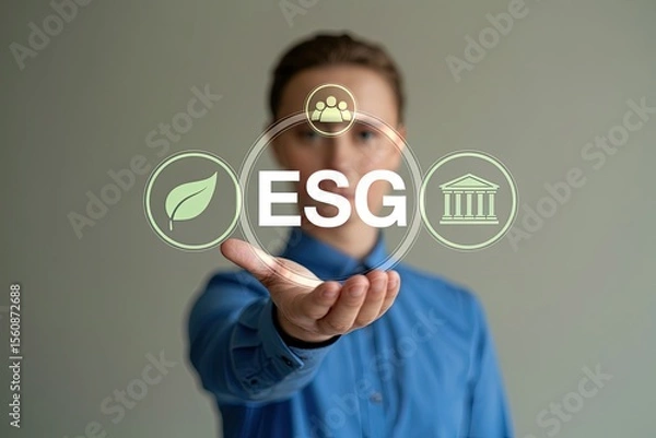 Fototapeta Person holding esg acronym with icons for environment social and governance in a futuristic interface concept