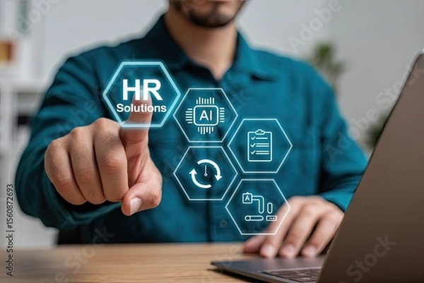 Fototapeta Person s finger touching a glowing hexagonal interface displaying hr solutions ai automation checklist and workflow icons
