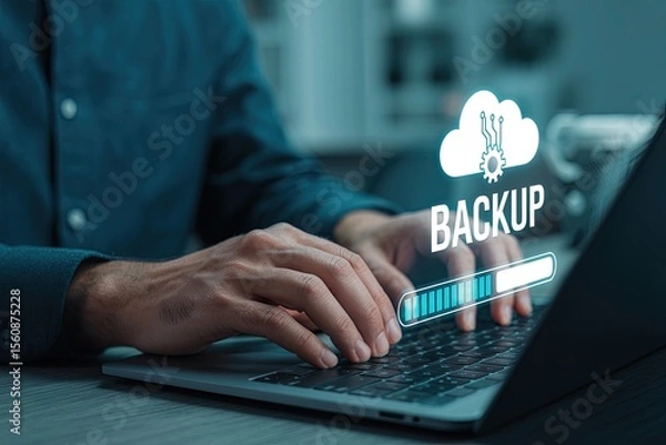 Fototapeta Person using a laptop to perform a cloud backup with a progress bar and cloud icon indicating data transfer and storage