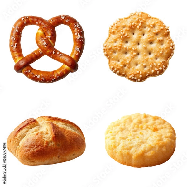 Fototapeta Collage of assorted flour-based products including pretzels, crackers, bread rolls, and cookies copy space
