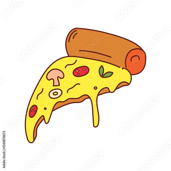 Fototapeta Hand drawn slice of pizza in flat cartoon stylisation. Vector illustration in comic style with outline. Fast food element