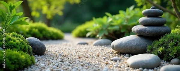Obraz Serene Zen Garden Raked Gravel, Smooth Stones, Miniature Plants Create a Peaceful Meditative Atmosphere Ideal for Mindfulness, Relaxation, and Spiritual Reflection