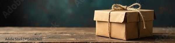 Obraz Mysterious Brown Cardboard Box Tied with Twine on Rustic Wood, Awaiting Discovery; Perfect for Suspense, Surprise, Gift, or Mystery Themes