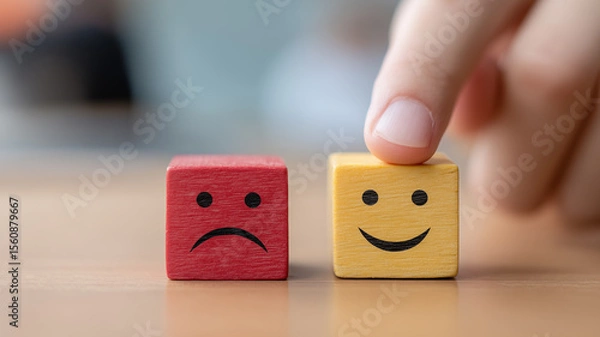 Fototapeta Mood Shift Cubes: a hand swaps a sad red block for a happy yellow one, illustrating a deliberate mindset change.
