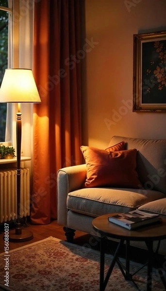 Obraz Cozy Living Room Illuminated by Warm Lamplight, Perfect for Relaxation and Comfort