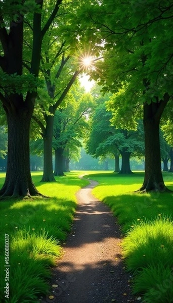 Obraz Sun-Dappled Path Through a Serene Green Park Tranquil Landscape Photography Ideal for Nature, Travel, and Relaxation Themes